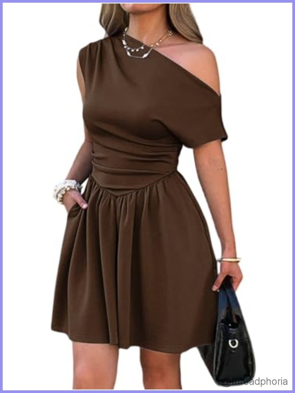 Women's One Shoulder Ruched Drop Waist Mini Dress with Pockets